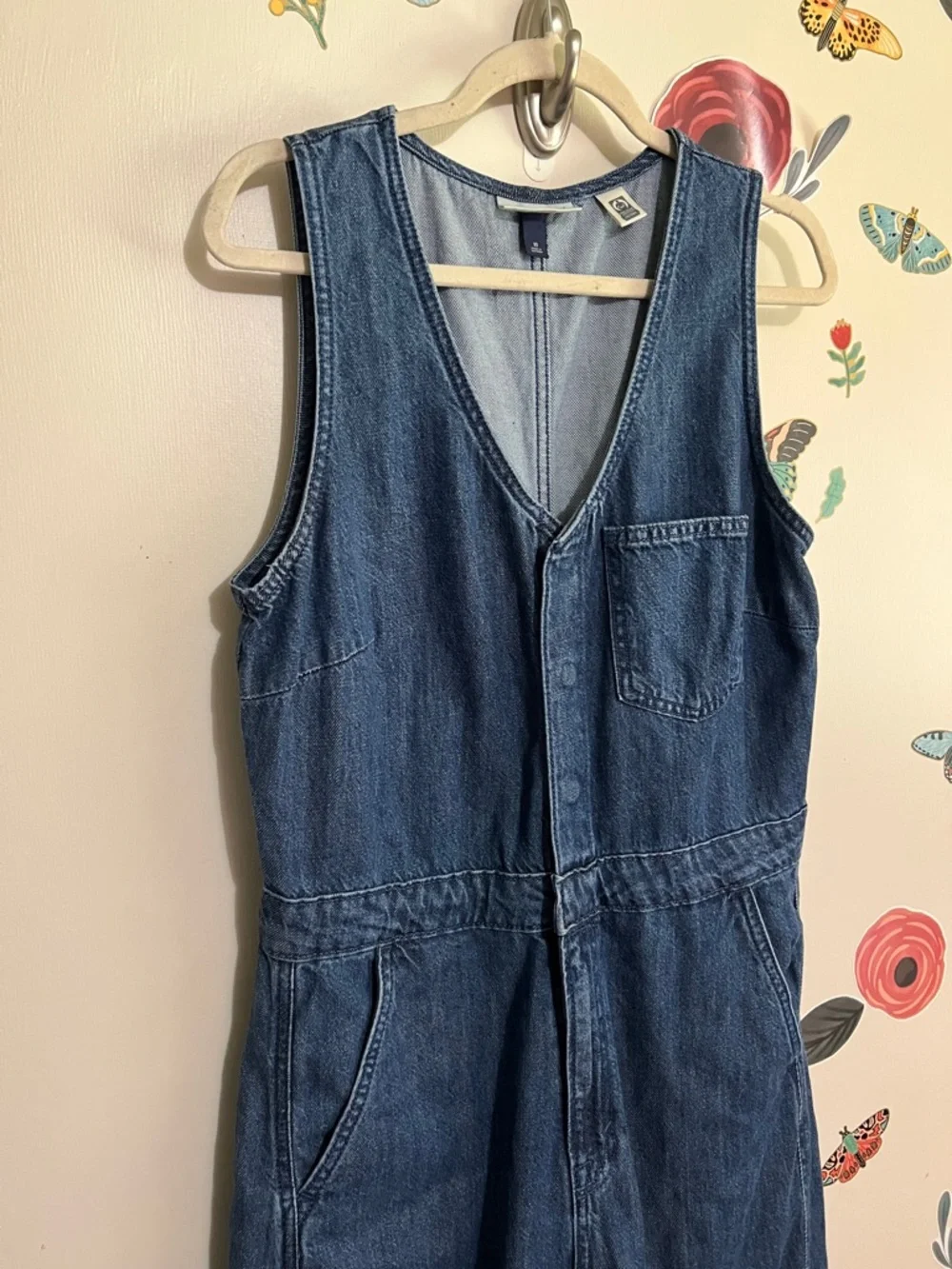 Curved Leg Denim Jumpsuit - Medium Wash 10 - Picture 6 of 11